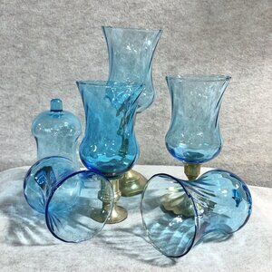 6 Pc Vtg Homco Blue Glass Swirl Sconce Votive Candle Holder MCM Retro